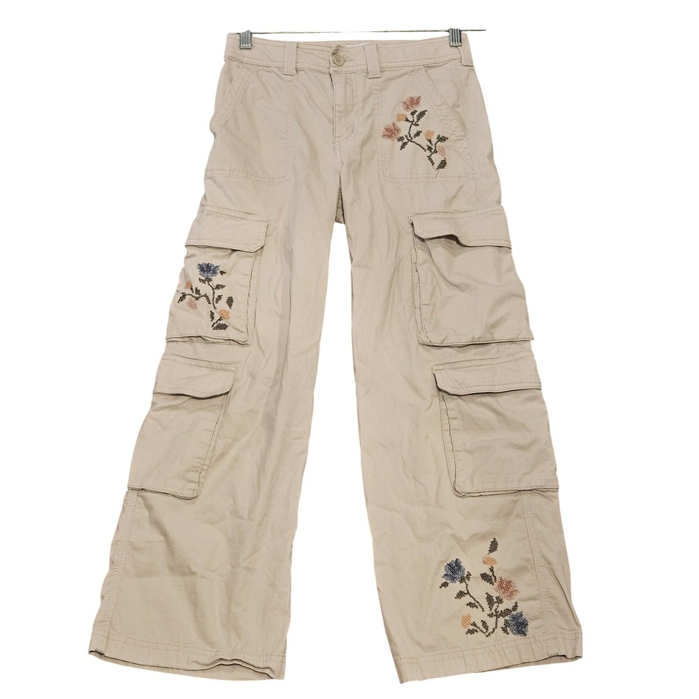 Abercrombie Kids Cargo Pants Girls 13/14 Tan Floral Embroidered Wide Leg Utility